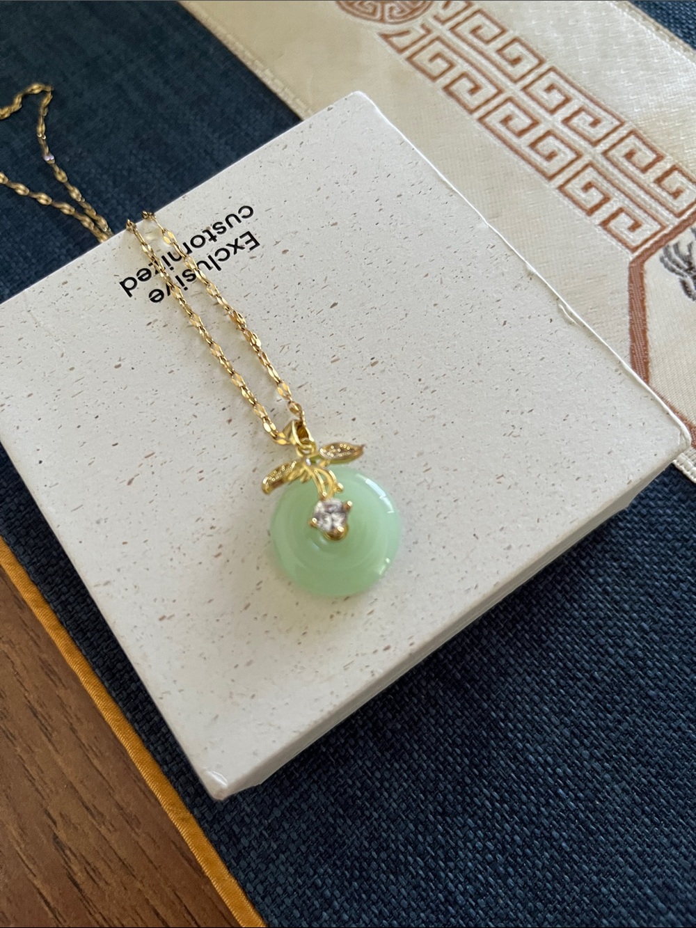 Plated Green Jade Pendant Necklace with Crystal Accent
